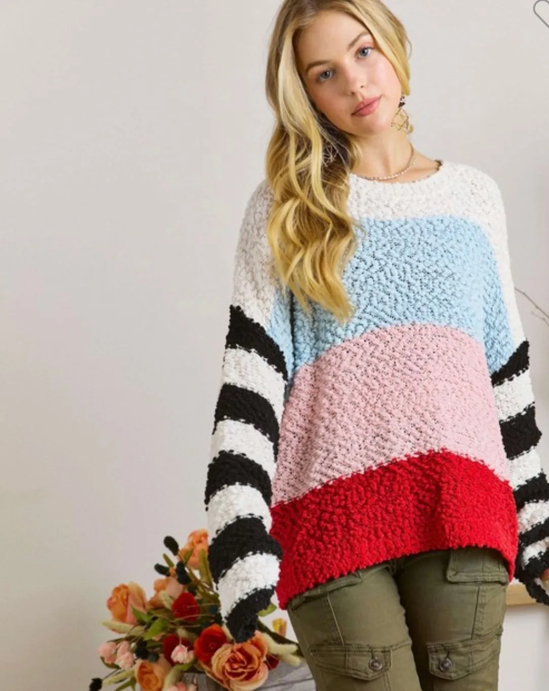 Sky Blue Multi Colorblock Popcorn Knit Sweater