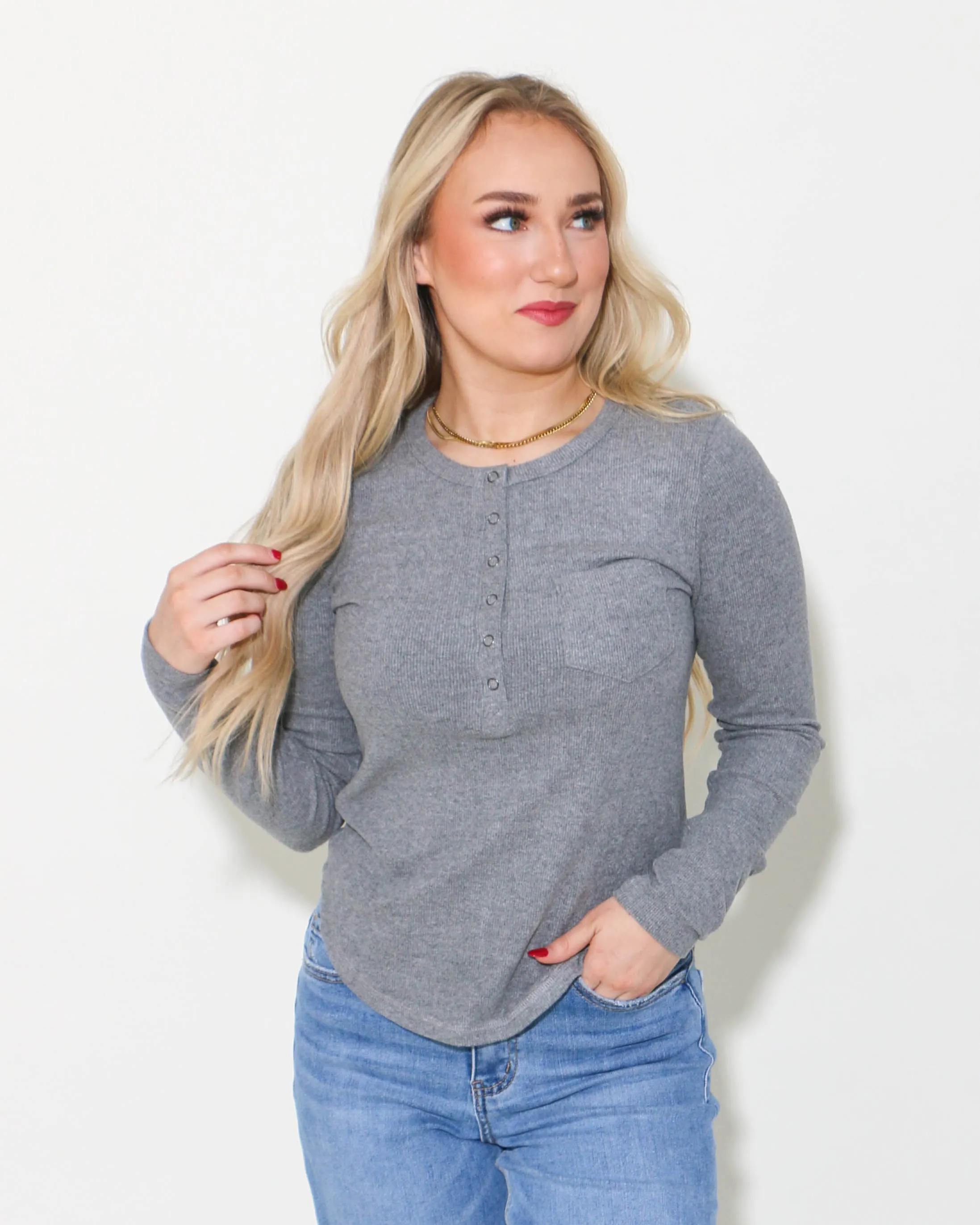 Soft Cozy Brushed Ribbed Knit Top in Grey