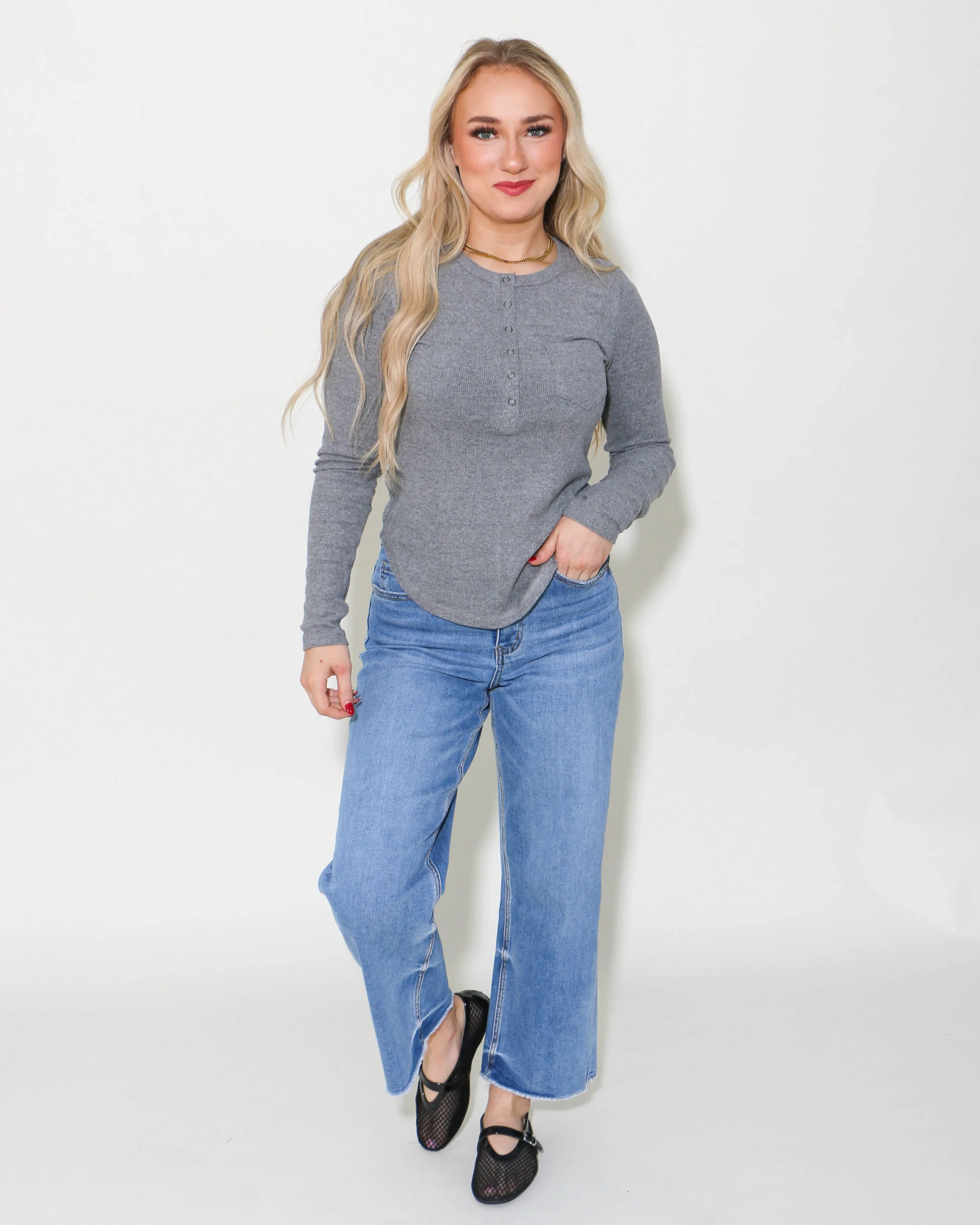 Soft Cozy Brushed Ribbed Knit Top in Grey