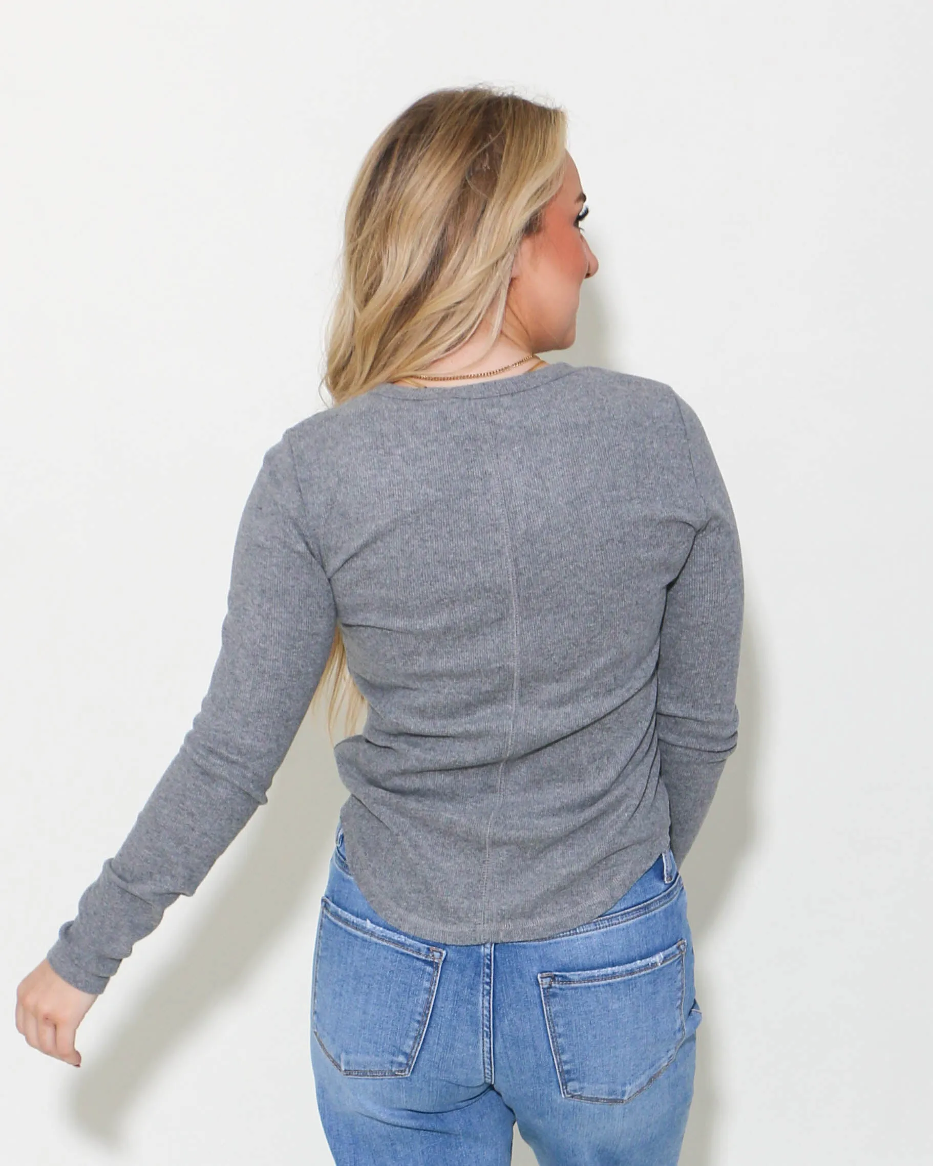 Soft Cozy Brushed Ribbed Knit Top in Grey