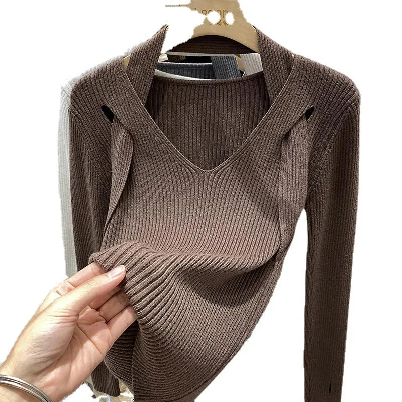 Spring Autumn Women Solid Sweater Criss-Cross V-Neck Slim Knitted Pullovers Elegant Office Ladies Casual All-match Tops