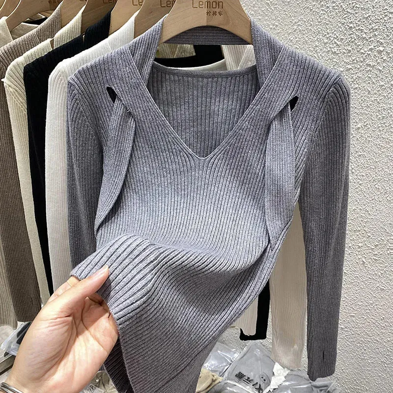 Spring Autumn Women Solid Sweater Criss-Cross V-Neck Slim Knitted Pullovers Elegant Office Ladies Casual All-match Tops