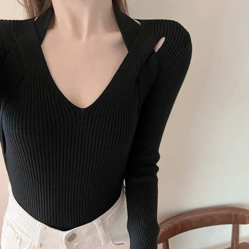 Spring Autumn Women Solid Sweater Criss-Cross V-Neck Slim Knitted Pullovers Elegant Office Ladies Casual All-match Tops