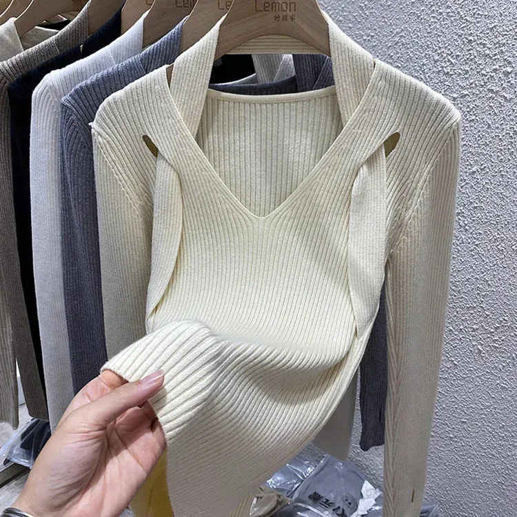 Spring Autumn Women Solid Sweater Criss-Cross V-Neck Slim Knitted Pullovers Elegant Office Ladies Casual All-match Tops