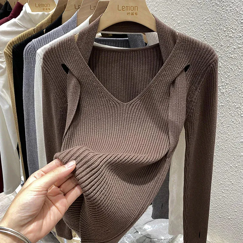 Spring Autumn Women Solid Sweater Criss-Cross V-Neck Slim Knitted Pullovers Elegant Office Ladies Casual All-match Tops