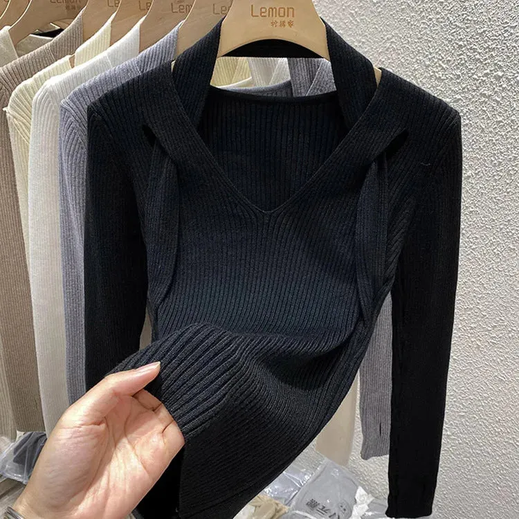 Spring Autumn Women Solid Sweater Criss-Cross V-Neck Slim Knitted Pullovers Elegant Office Ladies Casual All-match Tops