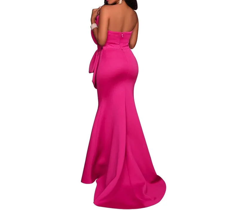 Strapless formal mermaid evening party bridesmaid dress with bow