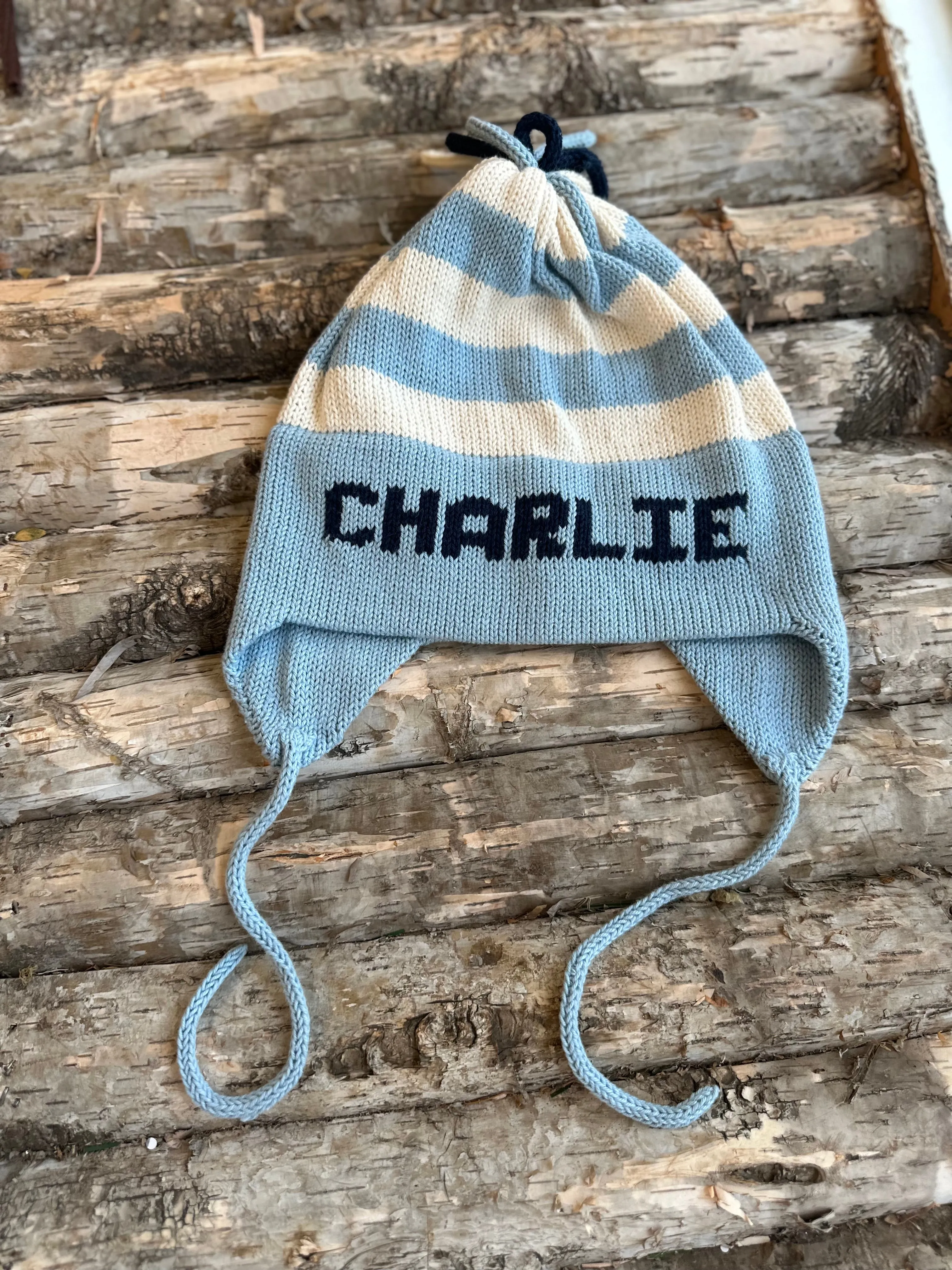 Stripe Ear Flap Hat | Denim with White