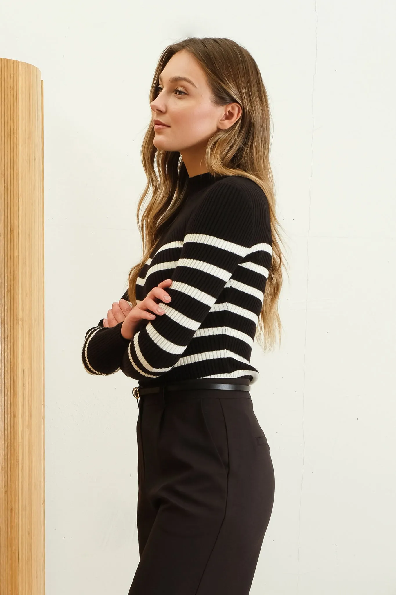 STRIPE MOCK NECK LONG SLEEVE KNIT SWEATER