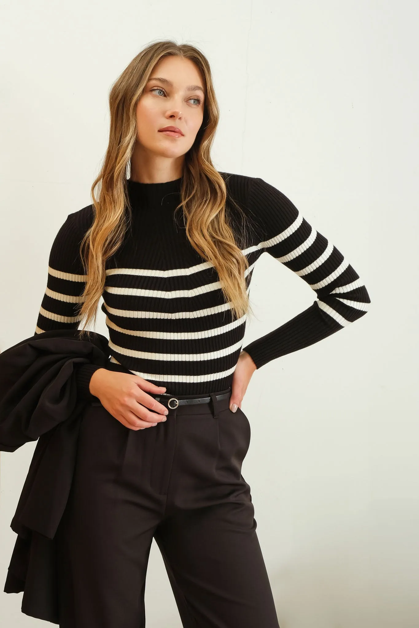 STRIPE MOCK NECK LONG SLEEVE KNIT SWEATER