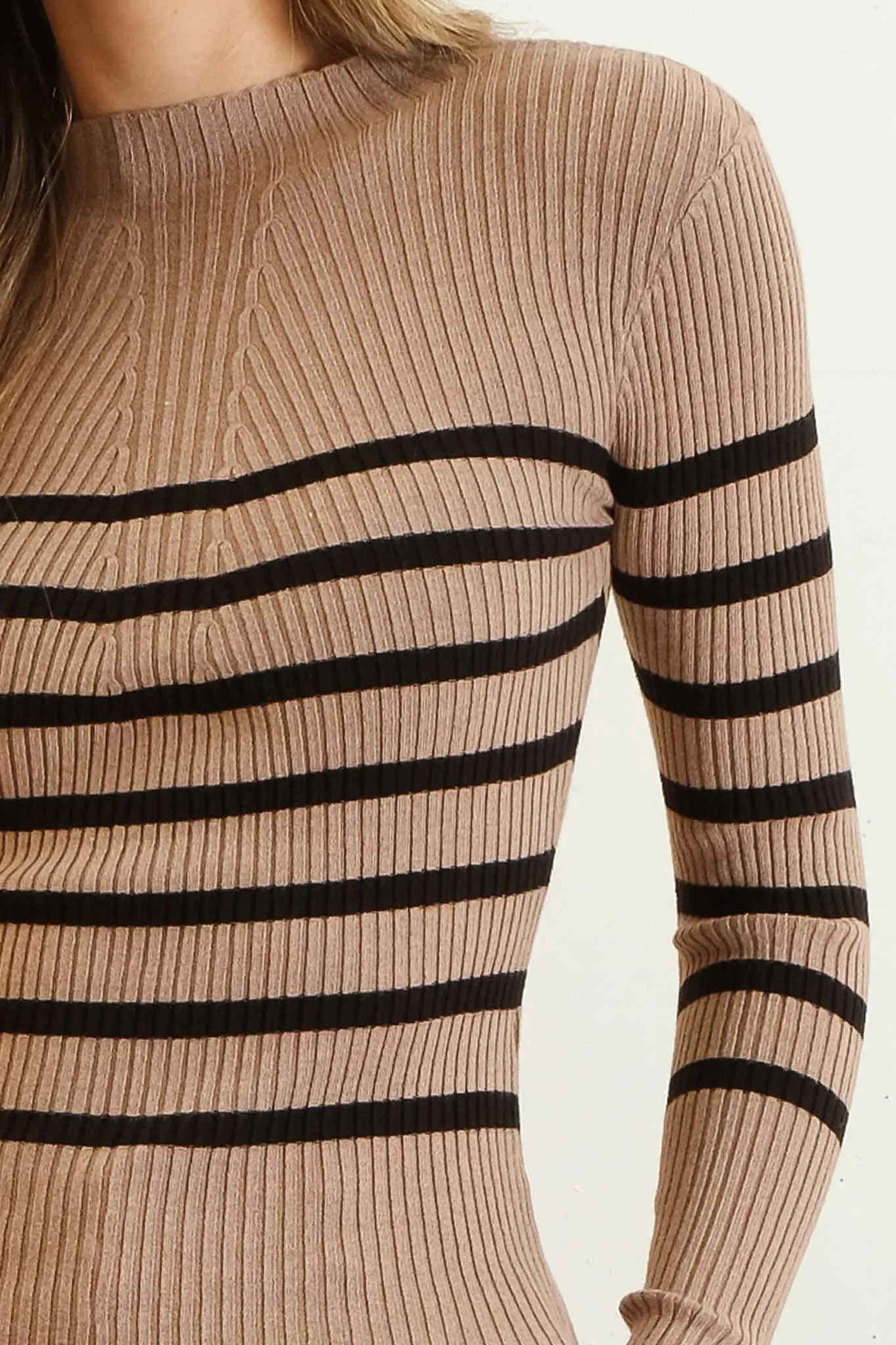 STRIPE MOCK NECK LONG SLEEVE KNIT SWEATER