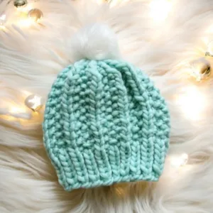 Super chunky faux fur pompom slouchy hat | knit winter beanie | cozy warm knit hat | mint green colour hat