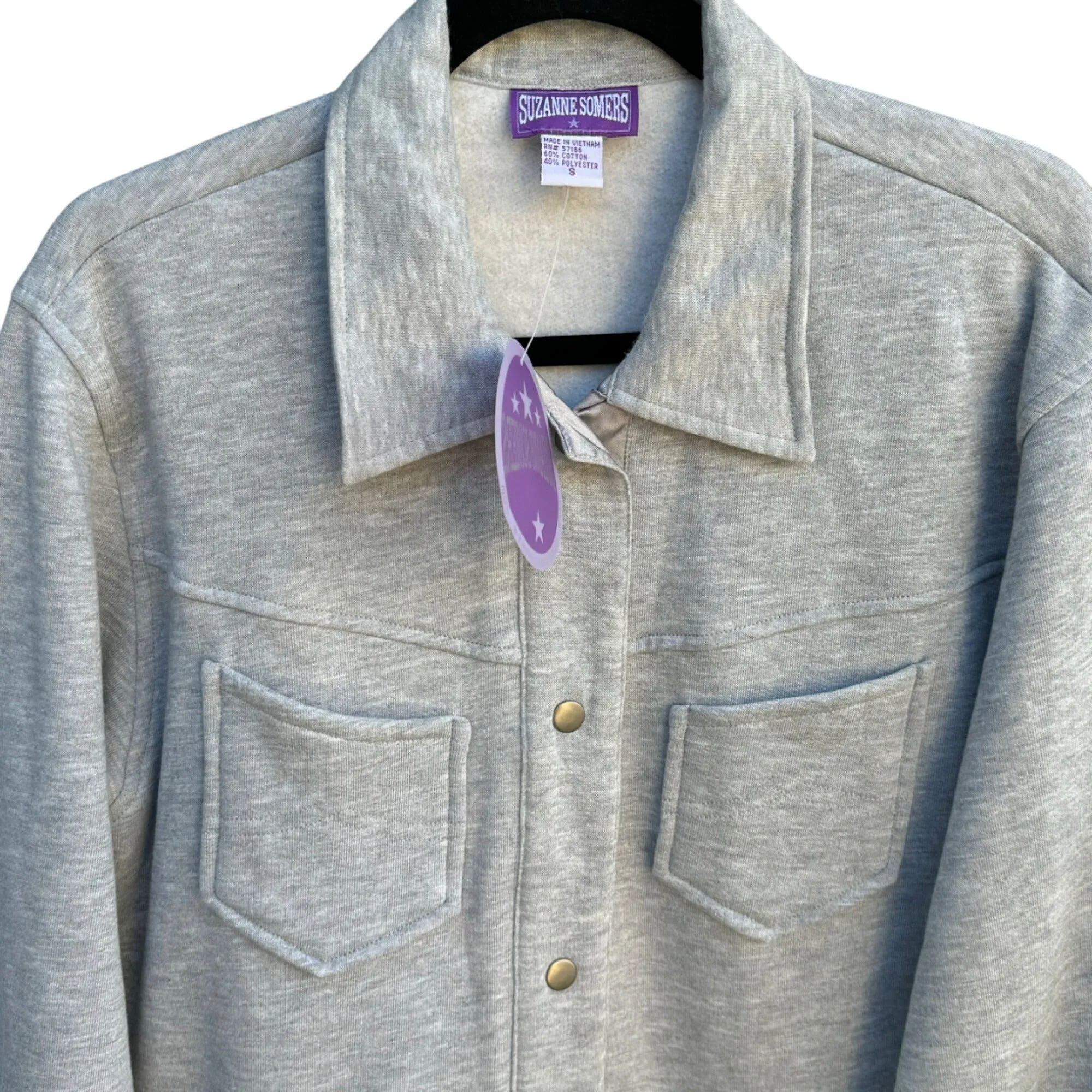 Suzanne Somers Womens Gray Snap Front Satin Cuffed Sleeves Fleece Jacket New S