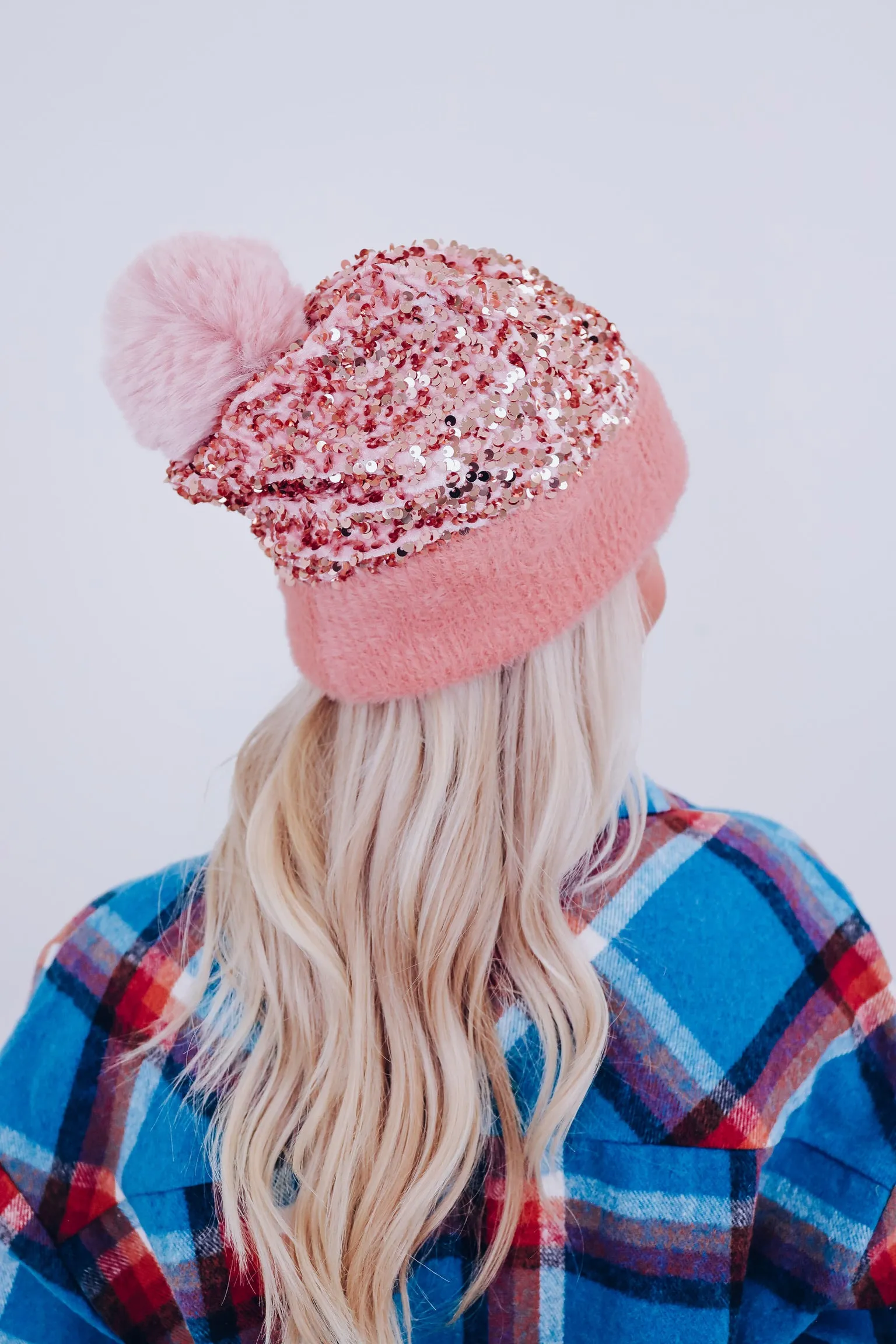 Suzie Sequin Pom Beanie - Peach