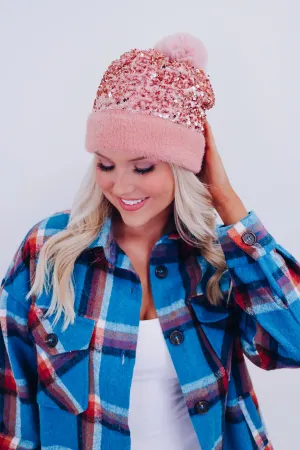 Suzie Sequin Pom Beanie - Peach