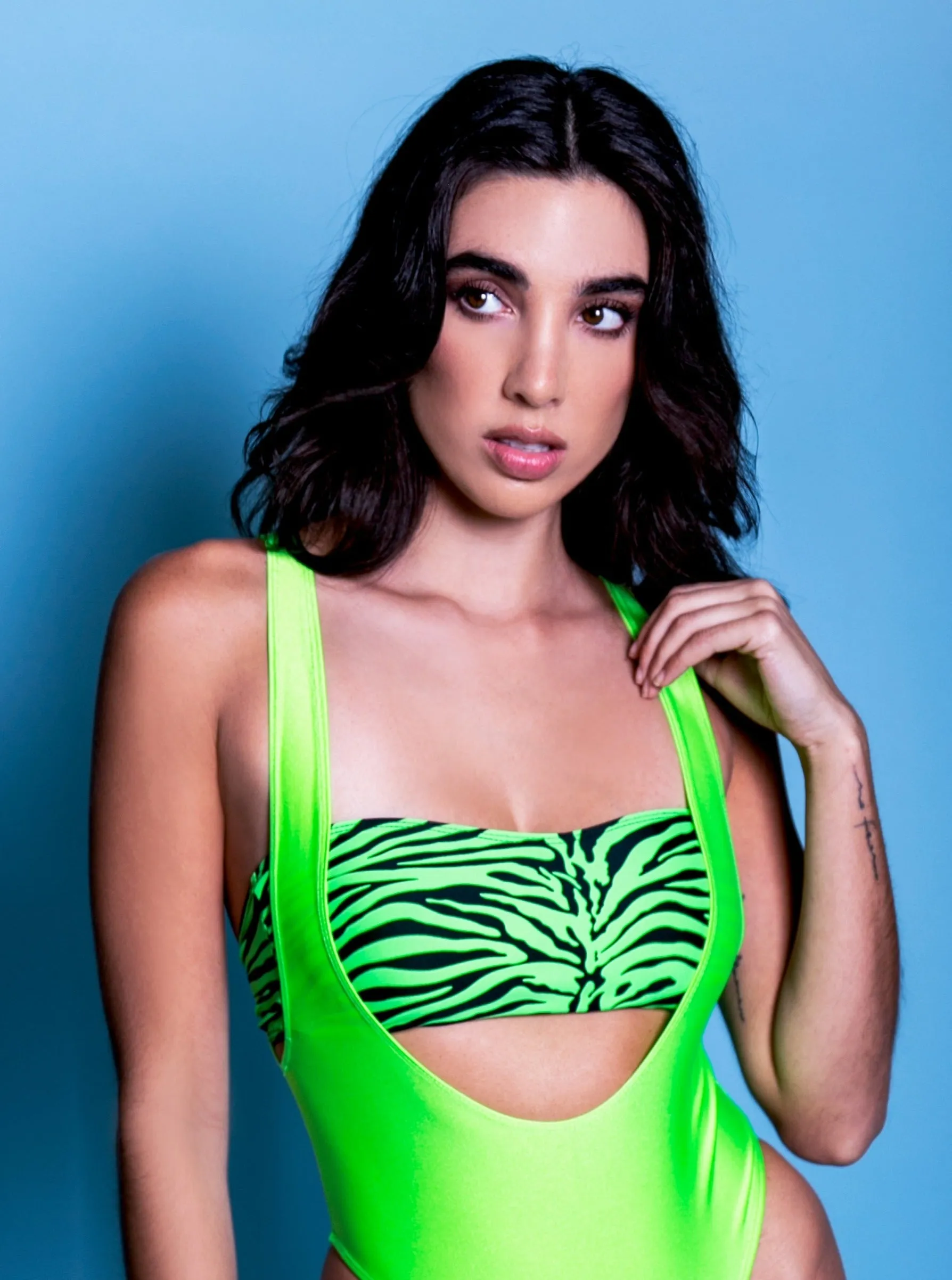 Swim Bandeau Top in Neon Green Zebra