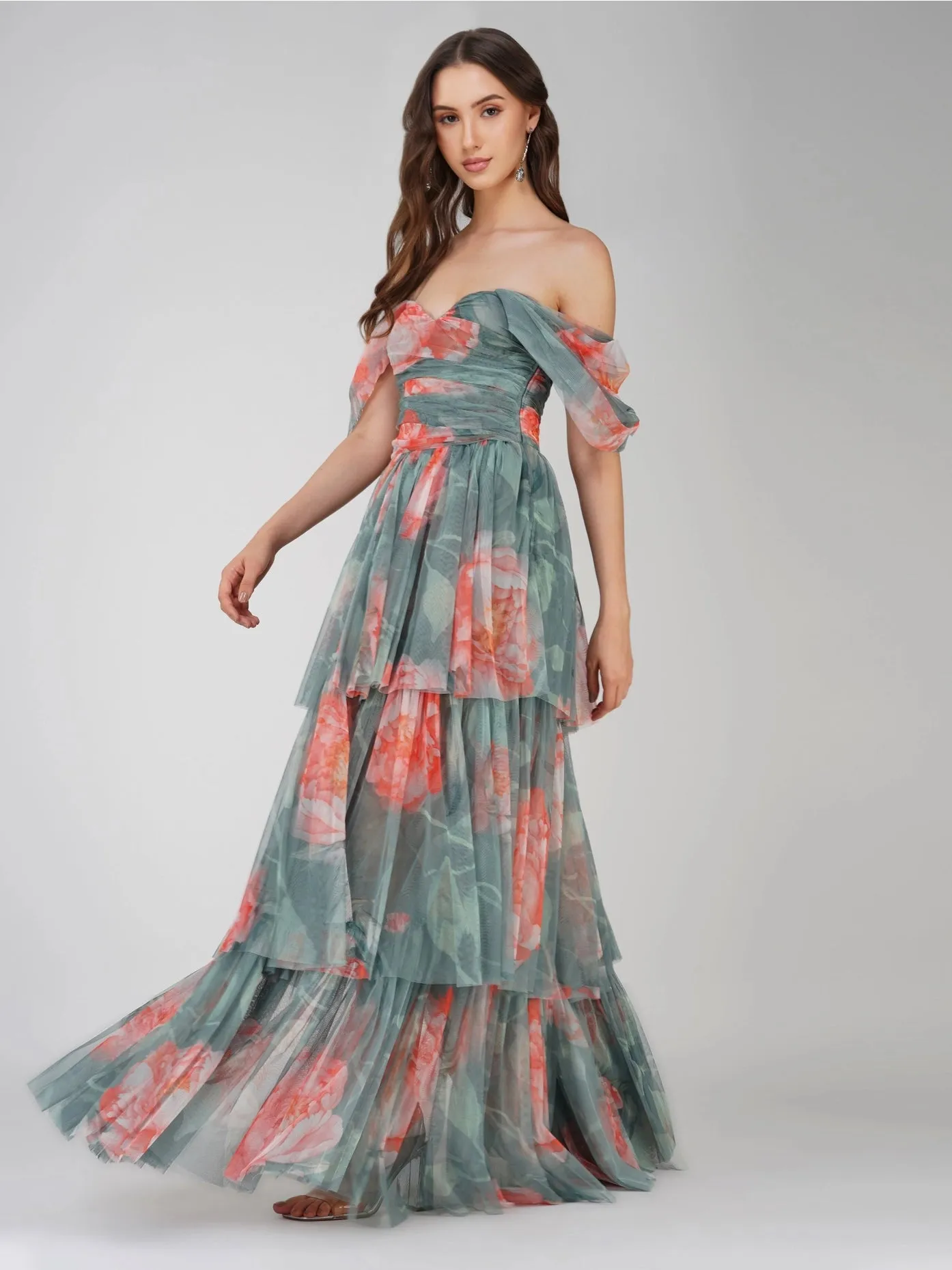 Sydney Tulle Maxi Dress in Sage Green Floral