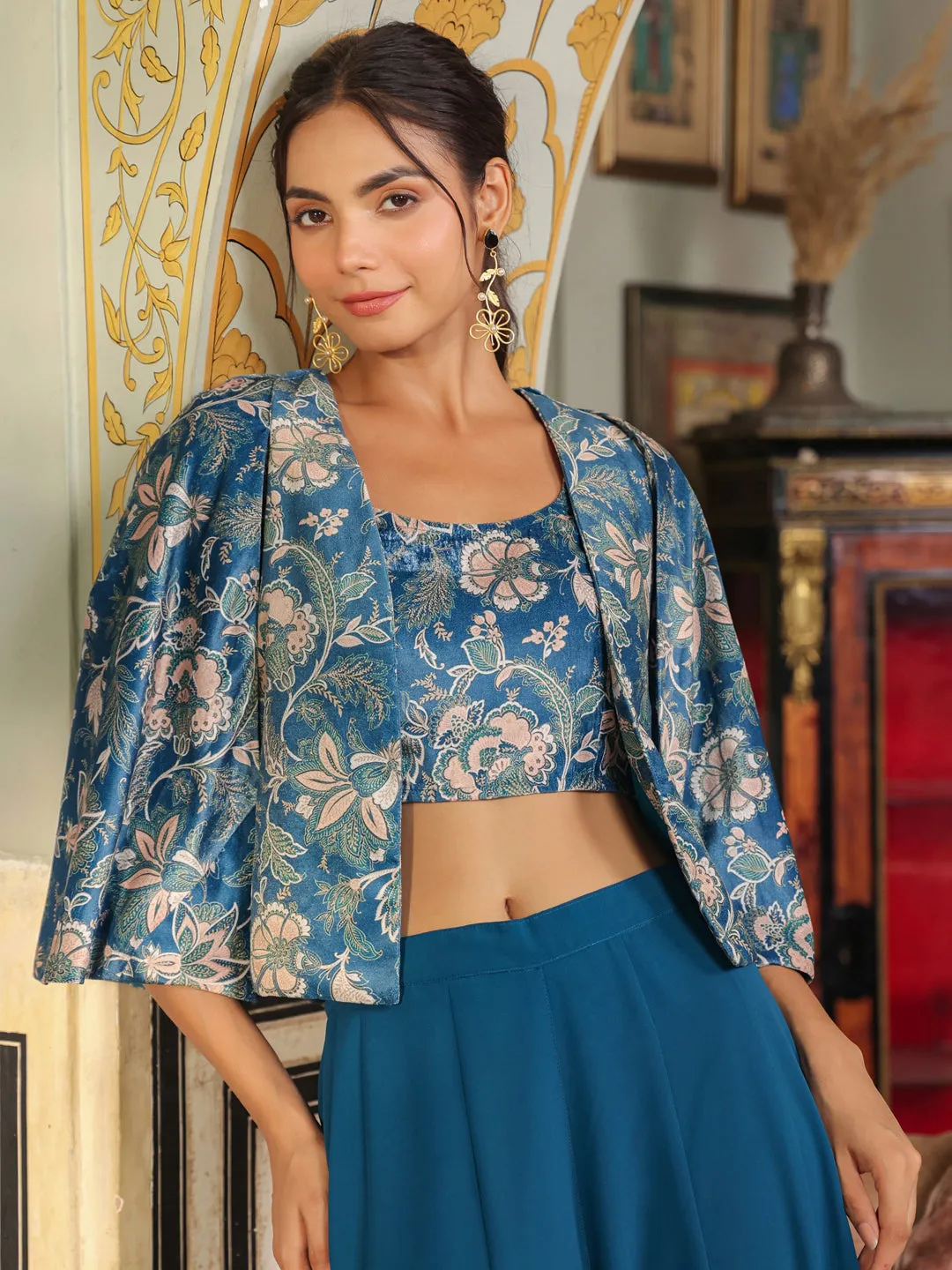 Teal Blue Velvet Floral Printed Crop Top with Palazzo & Cape Set  - By Janasya