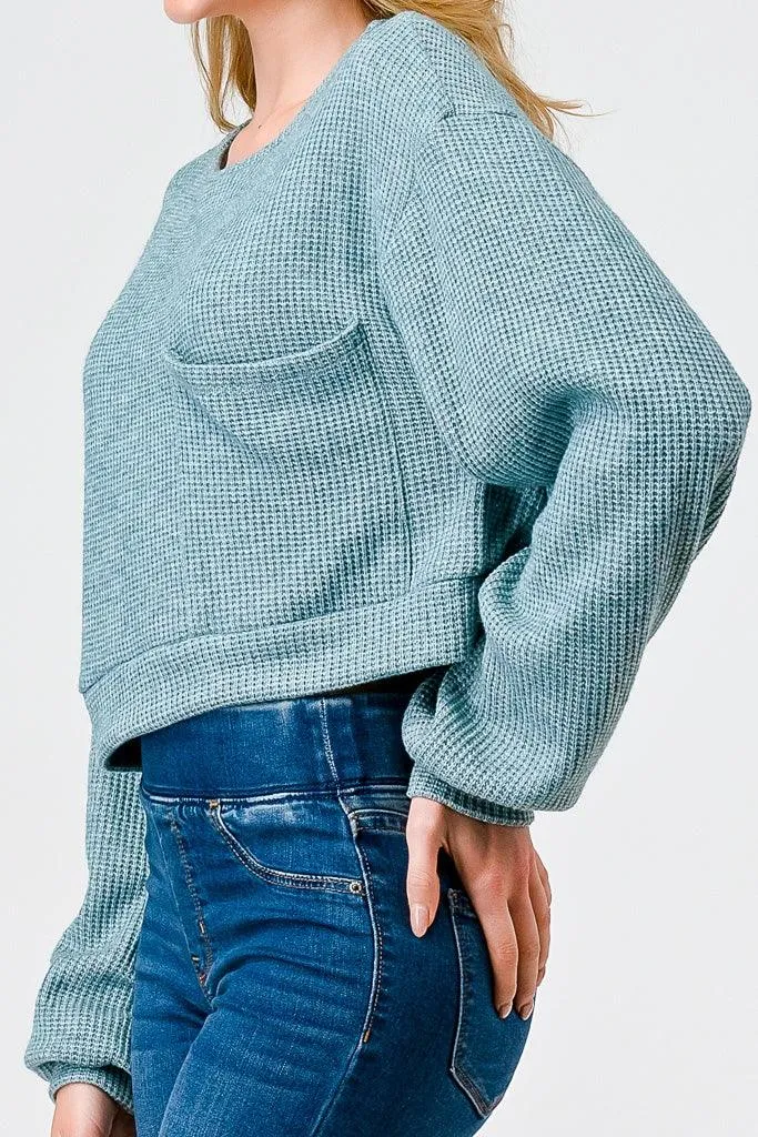 Teal Knit Round Neck Long Sleeve One Pocket Top /1-2-2-1