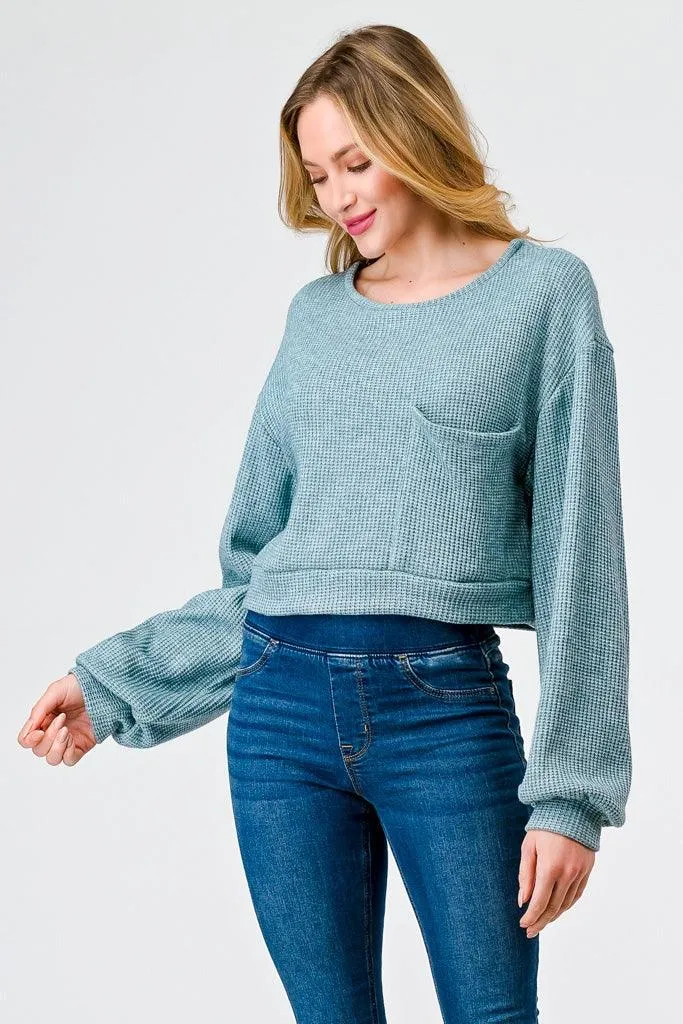 Teal Knit Round Neck Long Sleeve One Pocket Top /1-2-2-1