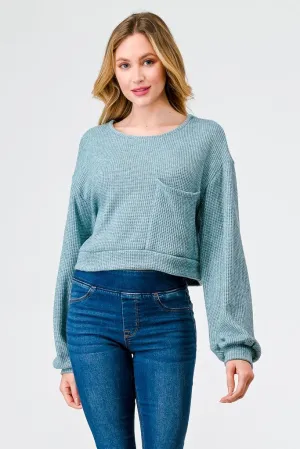 Teal Knit Round Neck Long Sleeve One Pocket Top /1-2-2-1