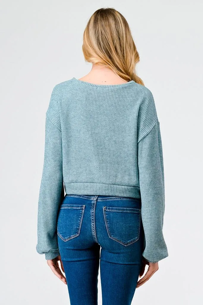 Teal Knit Round Neck Long Sleeve One Pocket Top /1-2-2-1