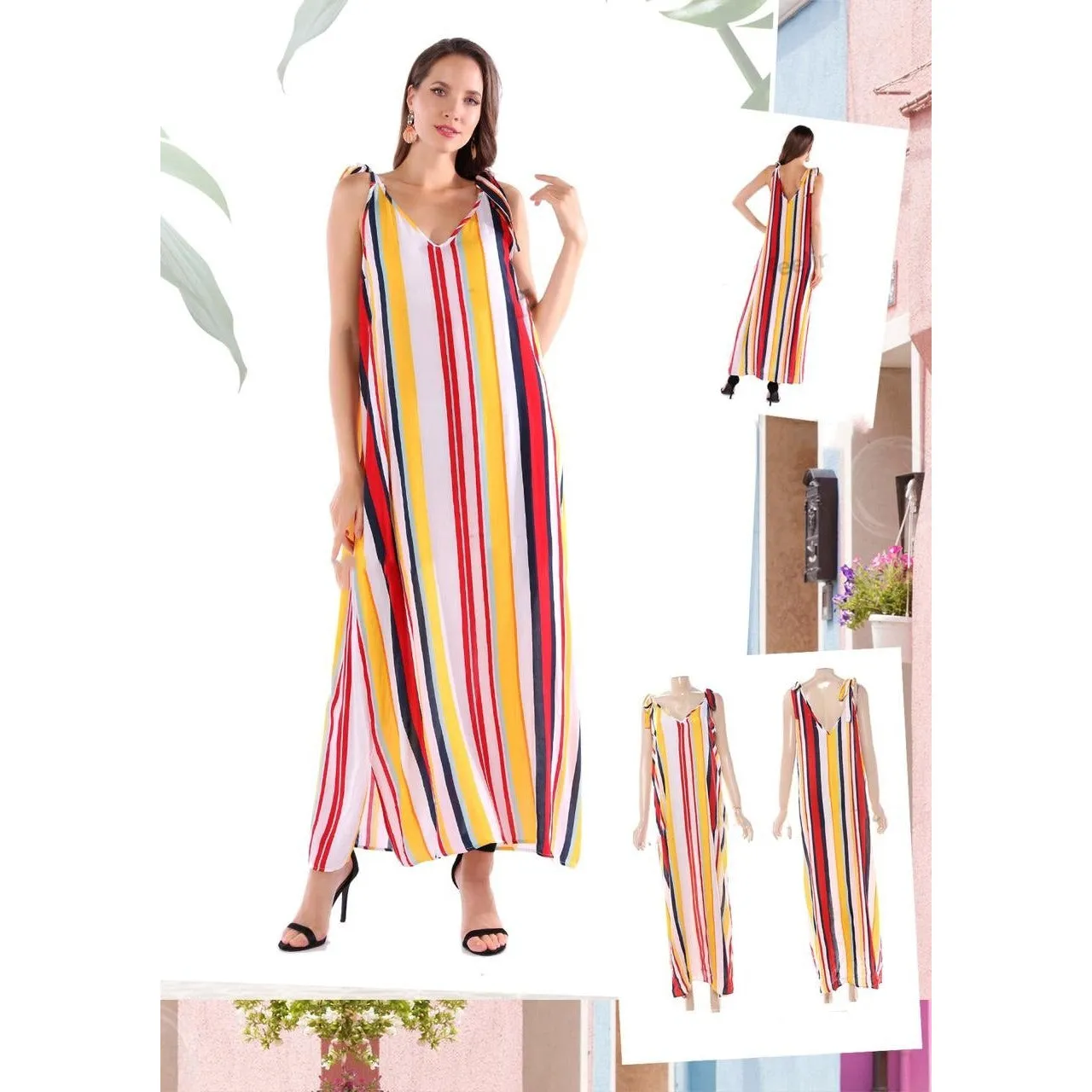 Tied Shoulder Striped Maxi Dress 