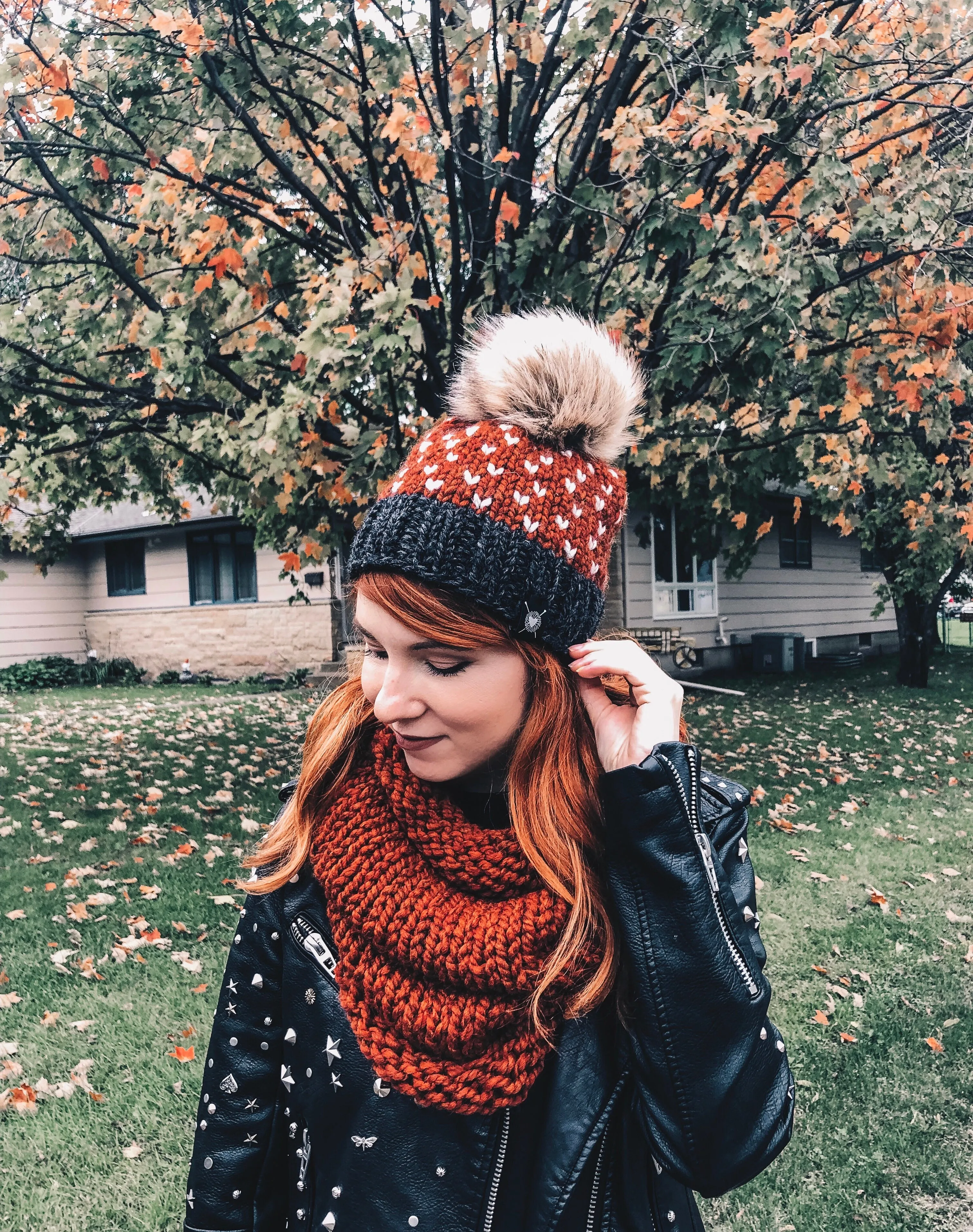 Tiny Hearts Faux Fur Beanie in Through the Leaves