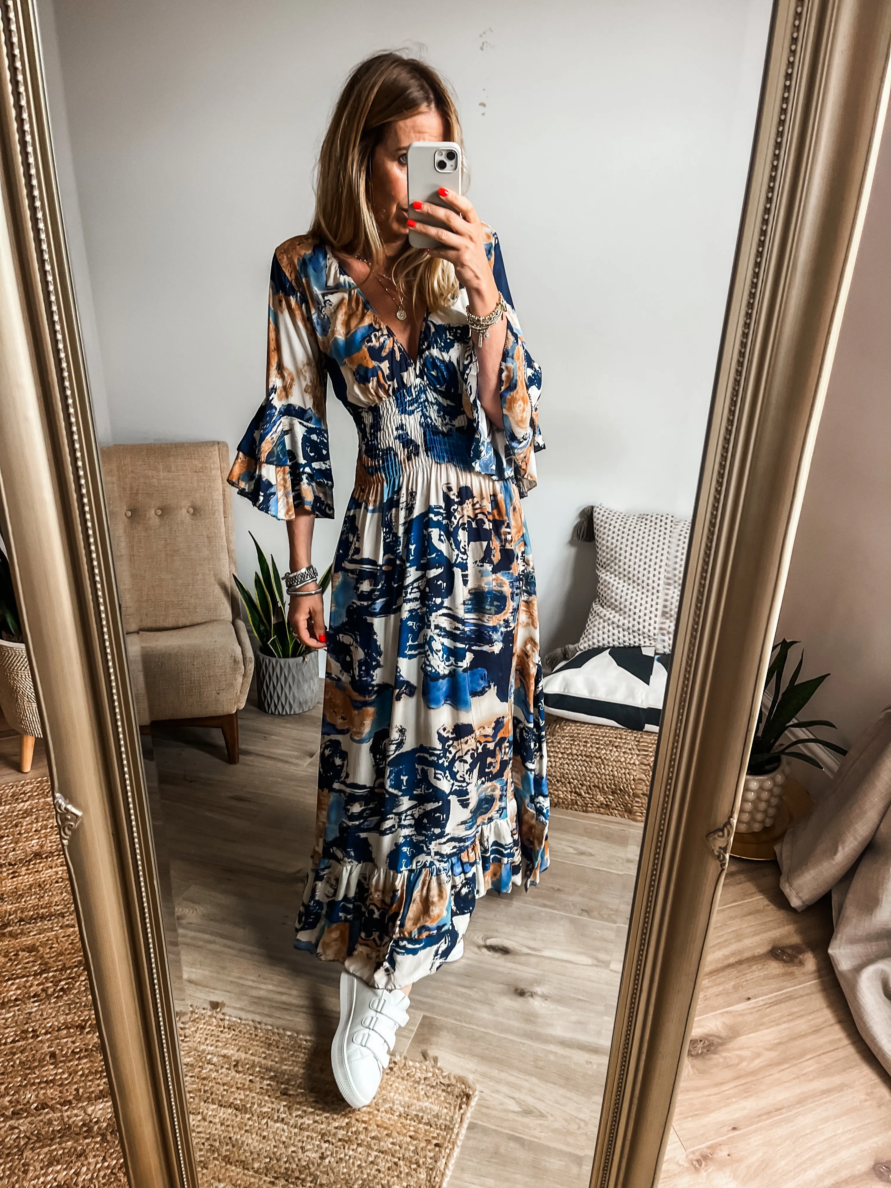 Tropical Print Shirred V-Neck Maxi Dress