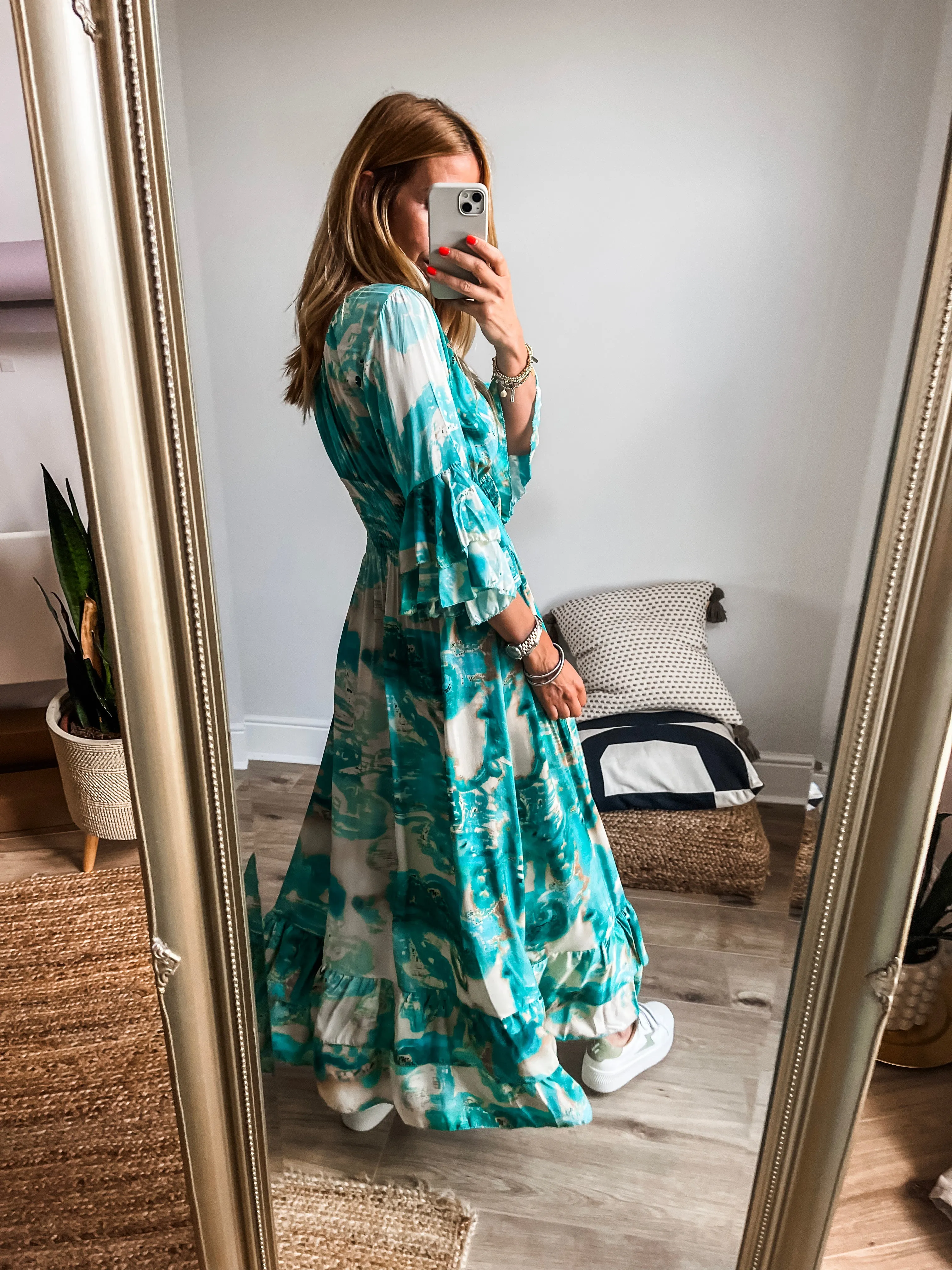 Tropical Print Shirred V-Neck Maxi Dress