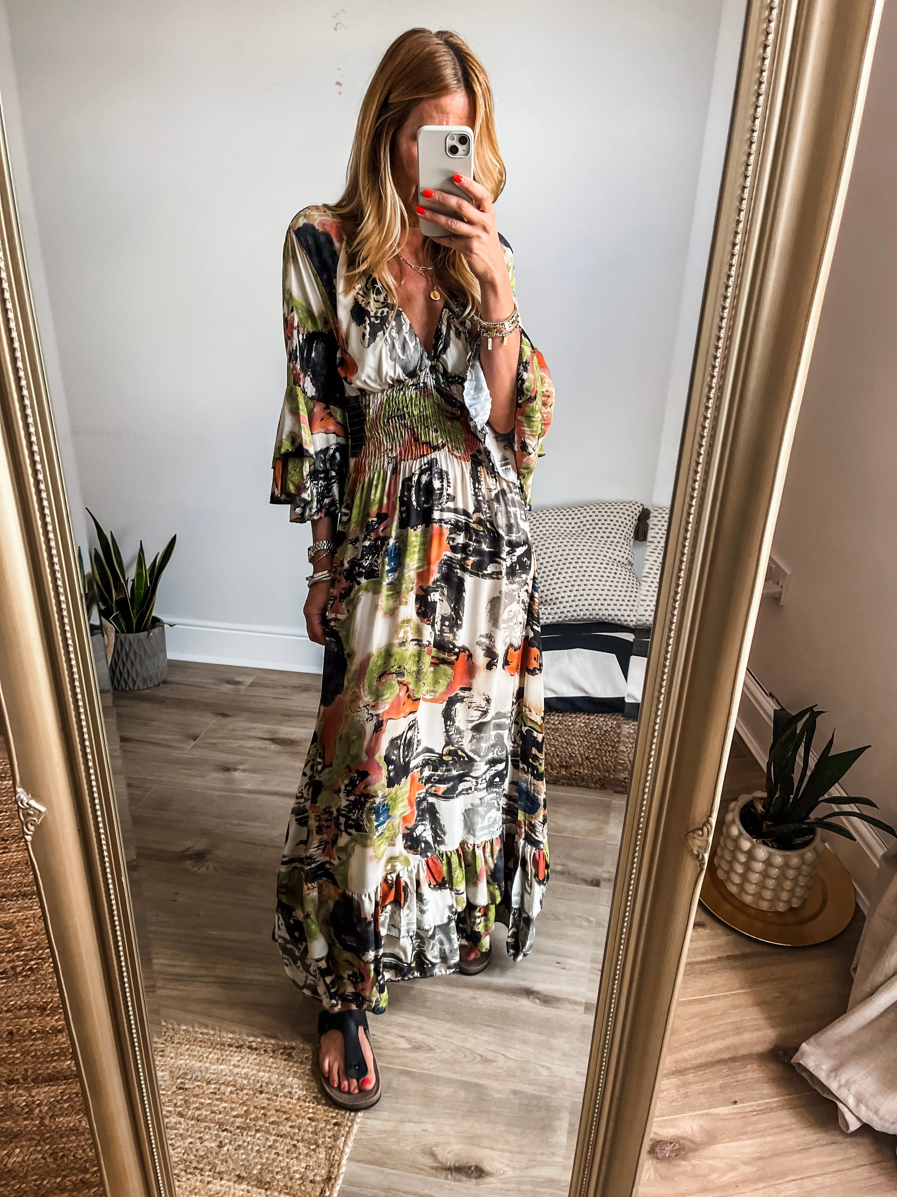 Tropical Print Shirred V-Neck Maxi Dress