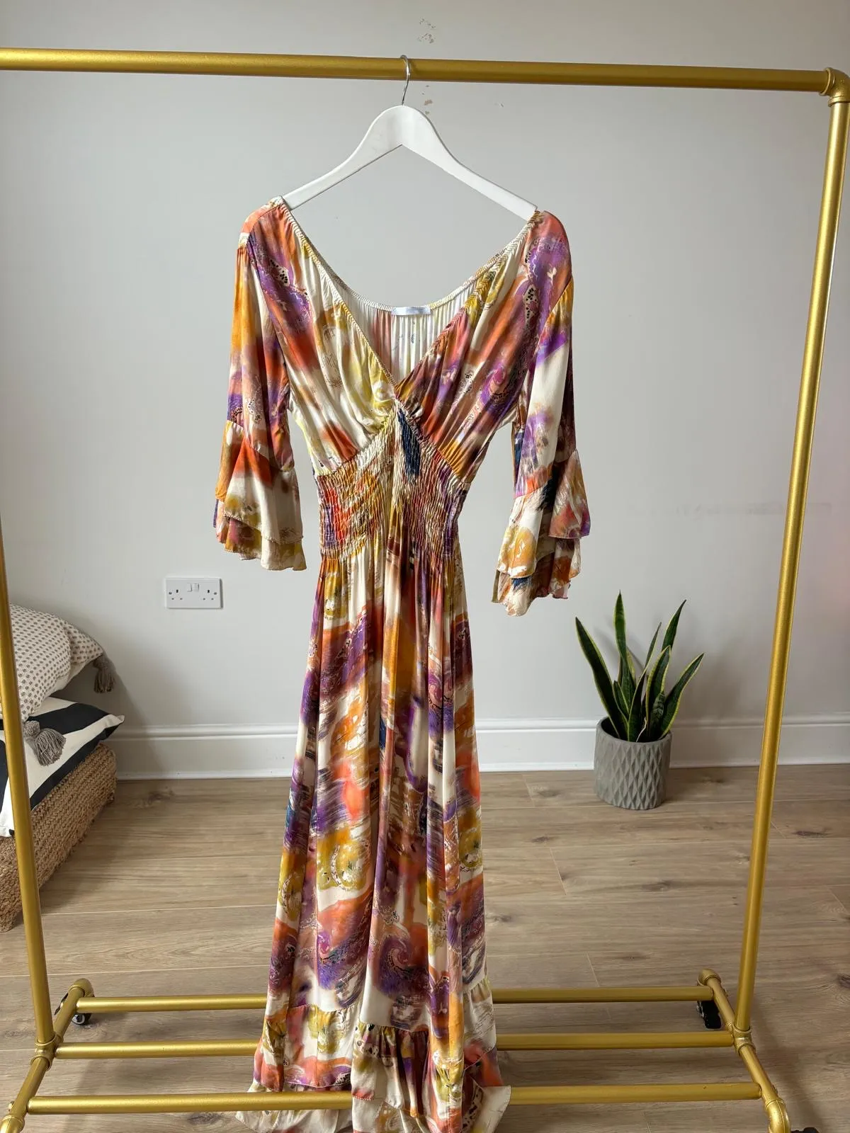 Tropical Print Shirred V-Neck Maxi Dress