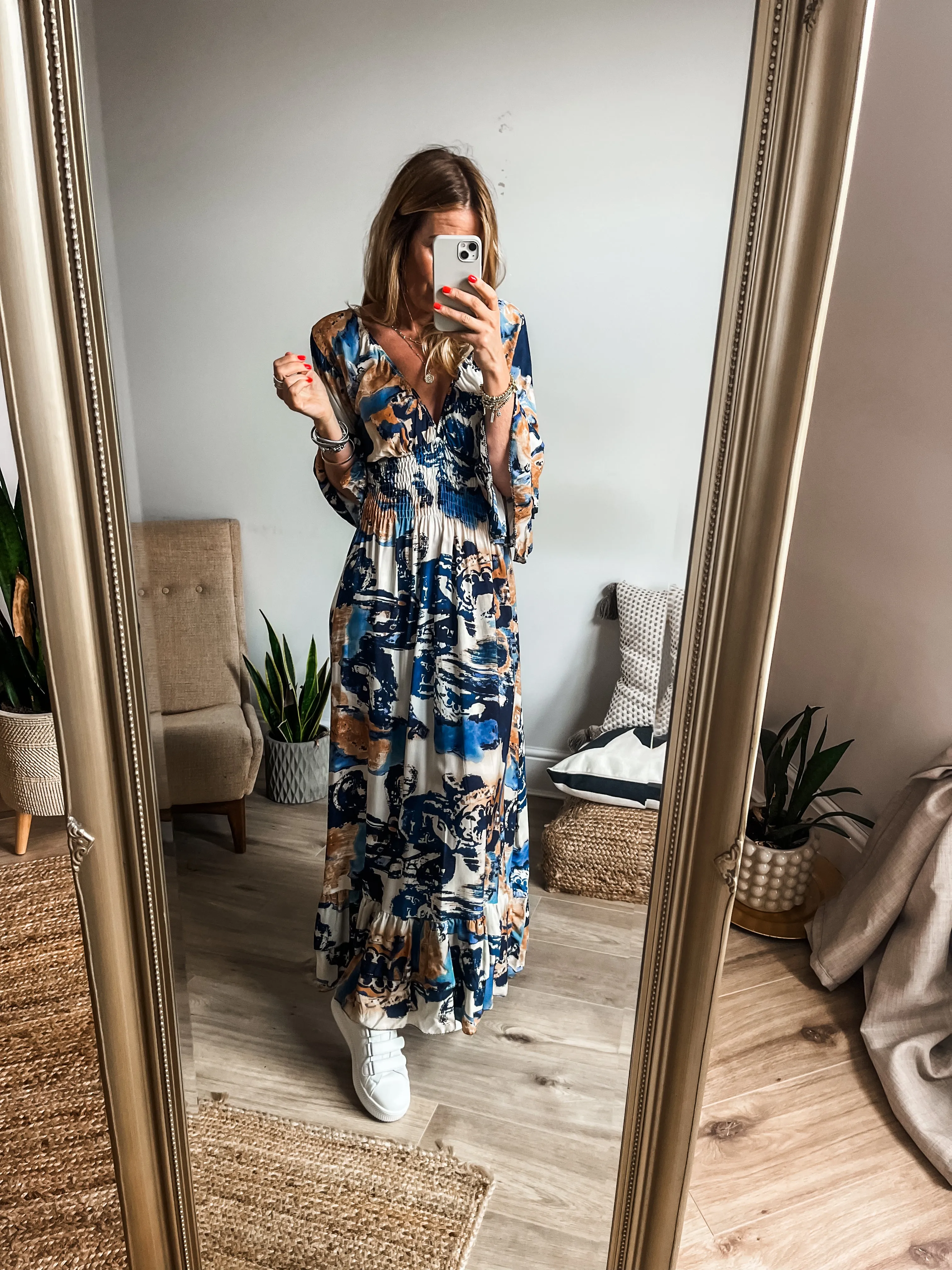 Tropical Print Shirred V-Neck Maxi Dress