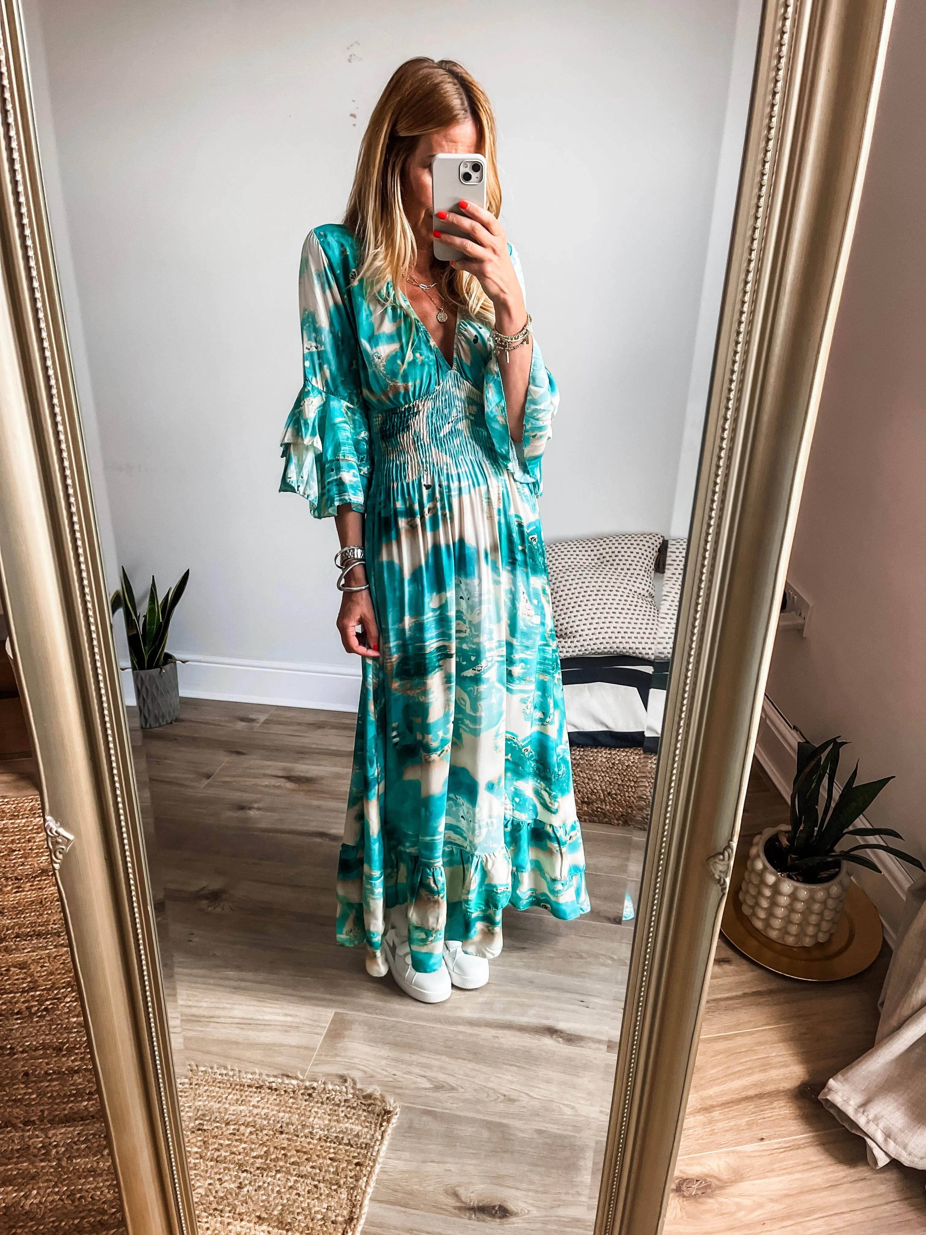 Tropical Print Shirred V-Neck Maxi Dress