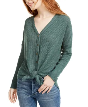 Ultra Flirt Juniors' Cozy Ribbed Tie-Front Top Green Size Small