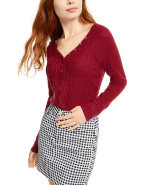 Ultra Flirt Juniors' Cozy Waffle-Knit Henley Top Red Size Small