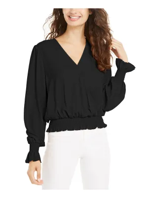 Ultra Flirt Junior's Long Sleeve V Neck Blouse Black Size Small