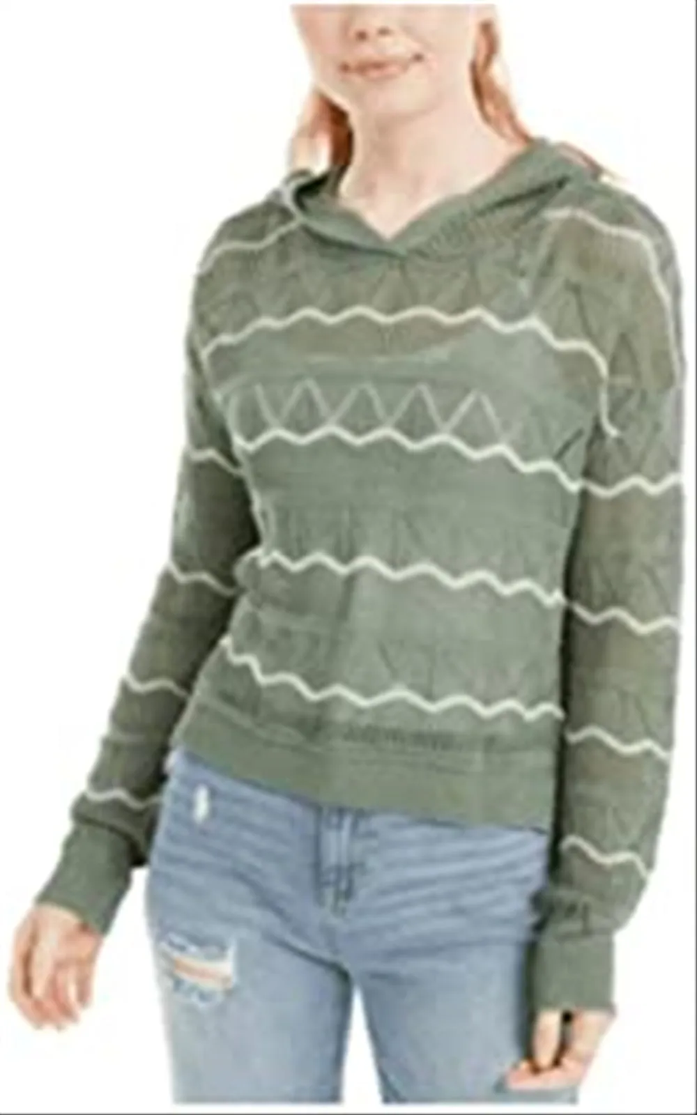 Ultra Flirt Junior's Pointelle Knit Hoodie Sweater Green Size Small