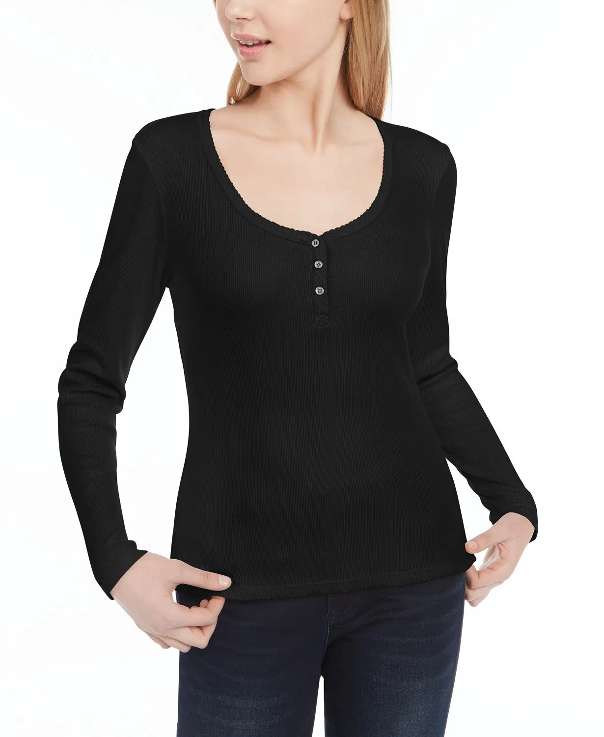 Ultra Flirt Juniors' Scallop-Edge Henley Black Size Large