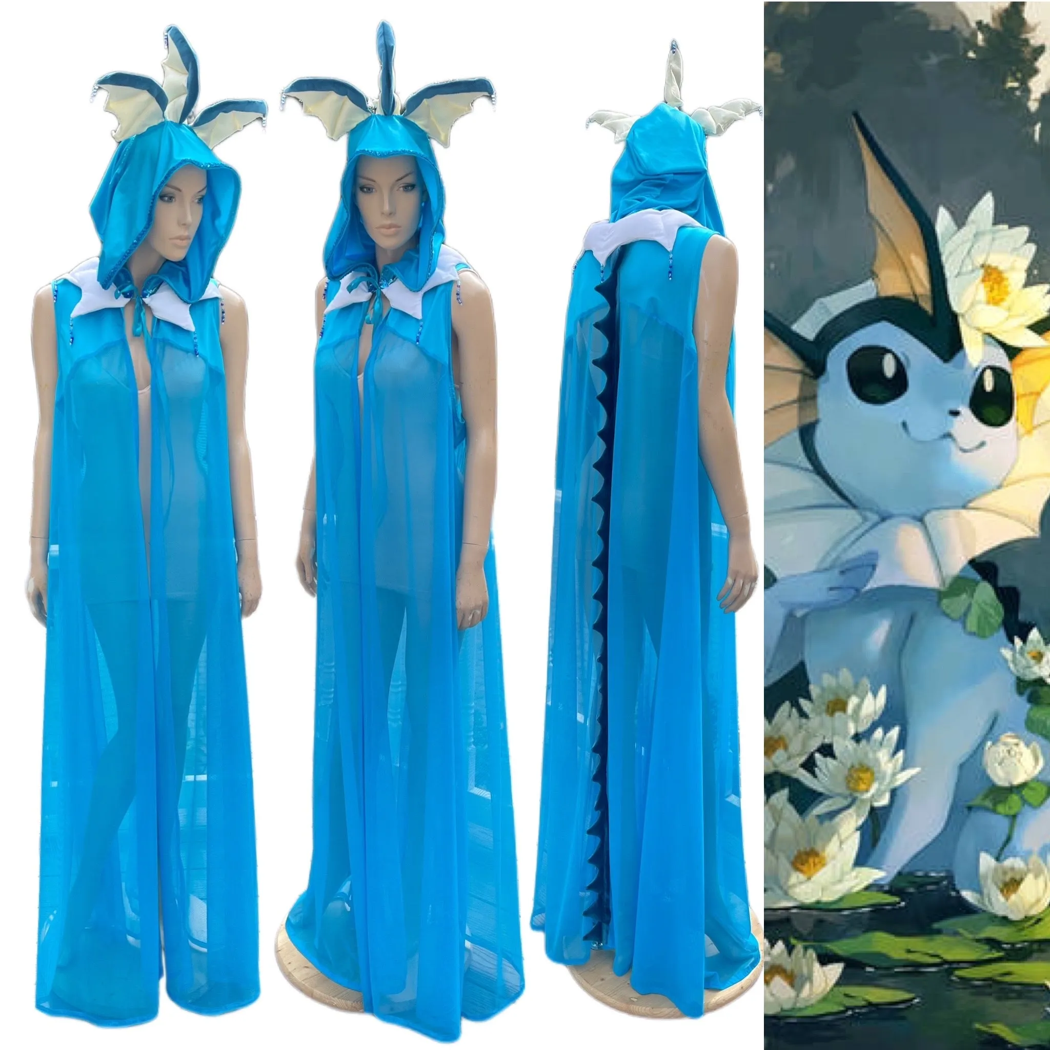 Vaporeon Inspired Water Dragon Ear Cape Robe Cosplay Costume