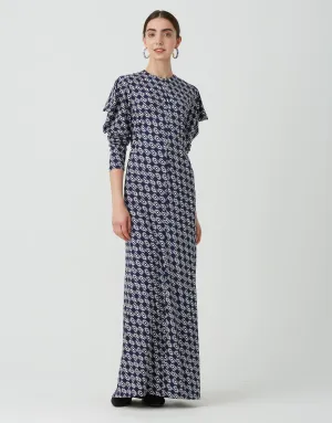 Vertical Textured Front Zip Maxi Dress Shabbos Robe Interlocking Hearts Navy