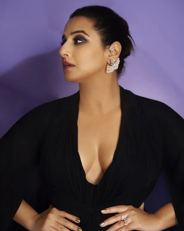 Vidya Balan In Custom Nirmooha Black Gown with Cape Sleevs