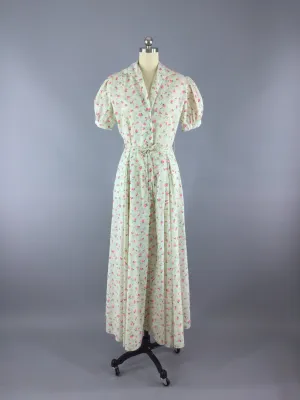 Vintage 1940s White Floral Print Maxi Dress