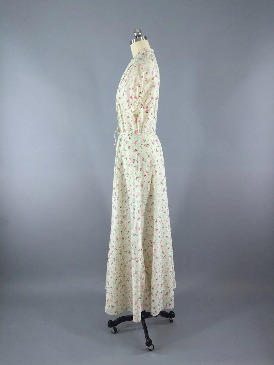 Vintage 1940s White Floral Print Maxi Dress