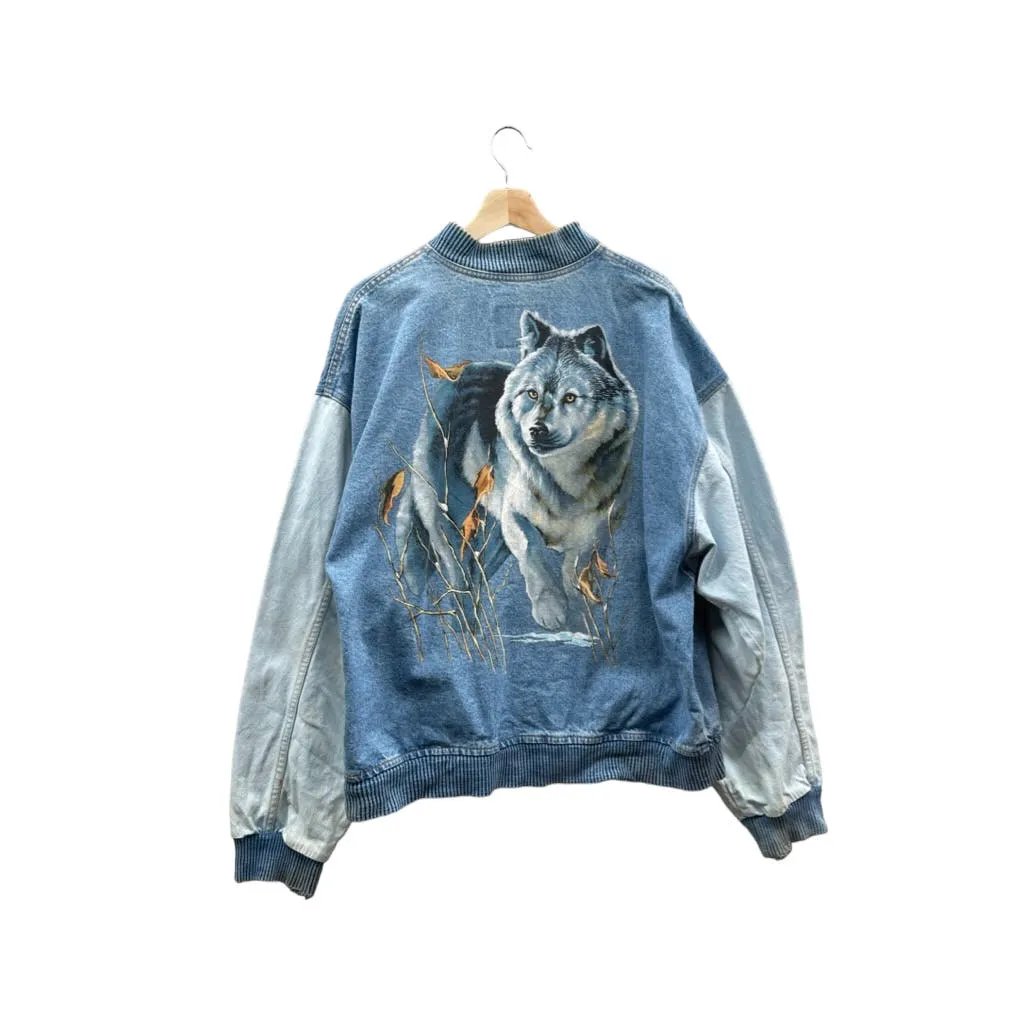 Vintage 1990's International Denim Wolf Print Two-Tone Denim Varsity Jacket