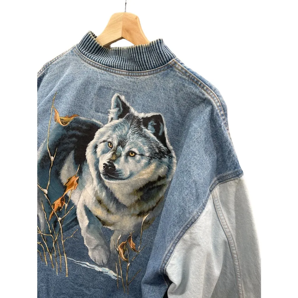 Vintage 1990's International Denim Wolf Print Two-Tone Denim Varsity Jacket