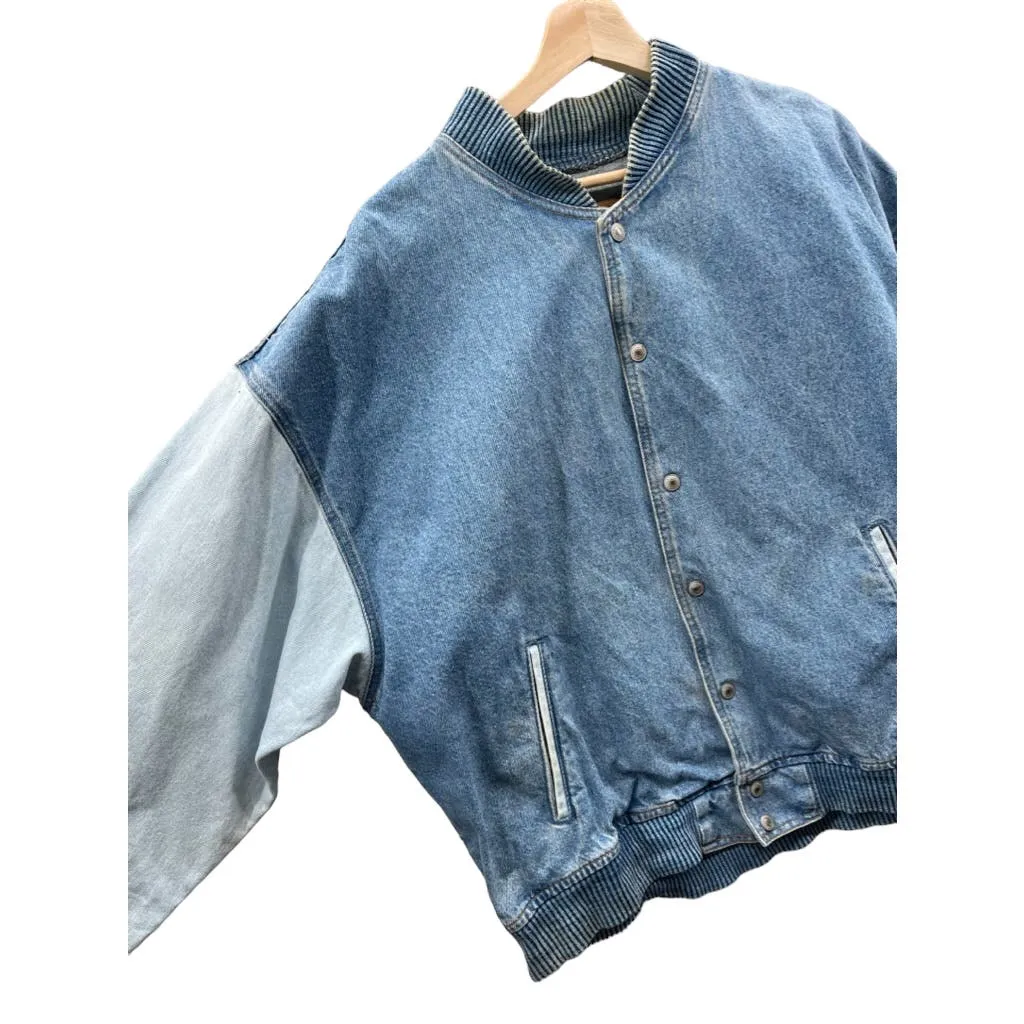 Vintage 1990's International Denim Wolf Print Two-Tone Denim Varsity Jacket