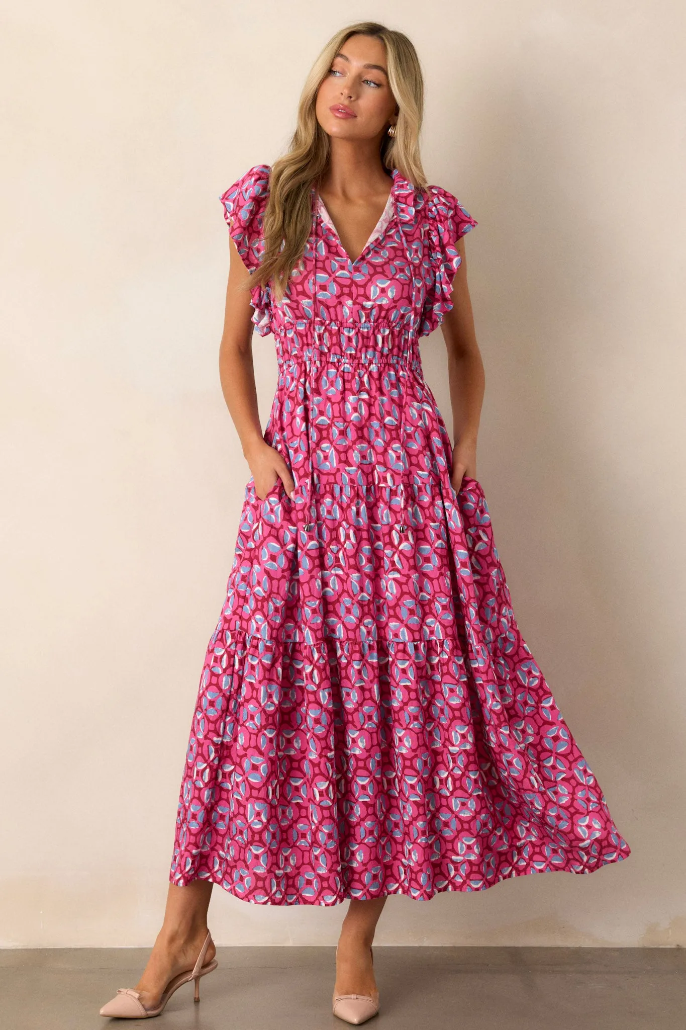 Vintage Vow Pink Ruffle Sleeve Maxi Dress