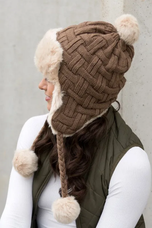 White Cable Weave Pom Trapper Hat