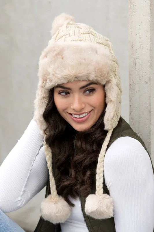 White Cable Weave Pom Trapper Hat